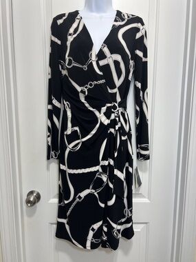 Black & Cream Wrap-Style Long Sleeve Dress